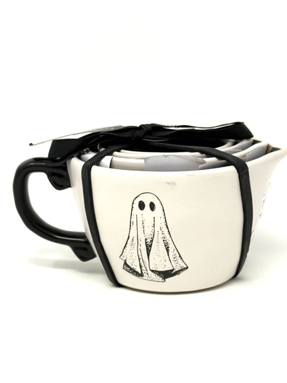 Rae Dunn Halloween Ghost Measuring Cups White w Black interior 4 Piece Set NWT